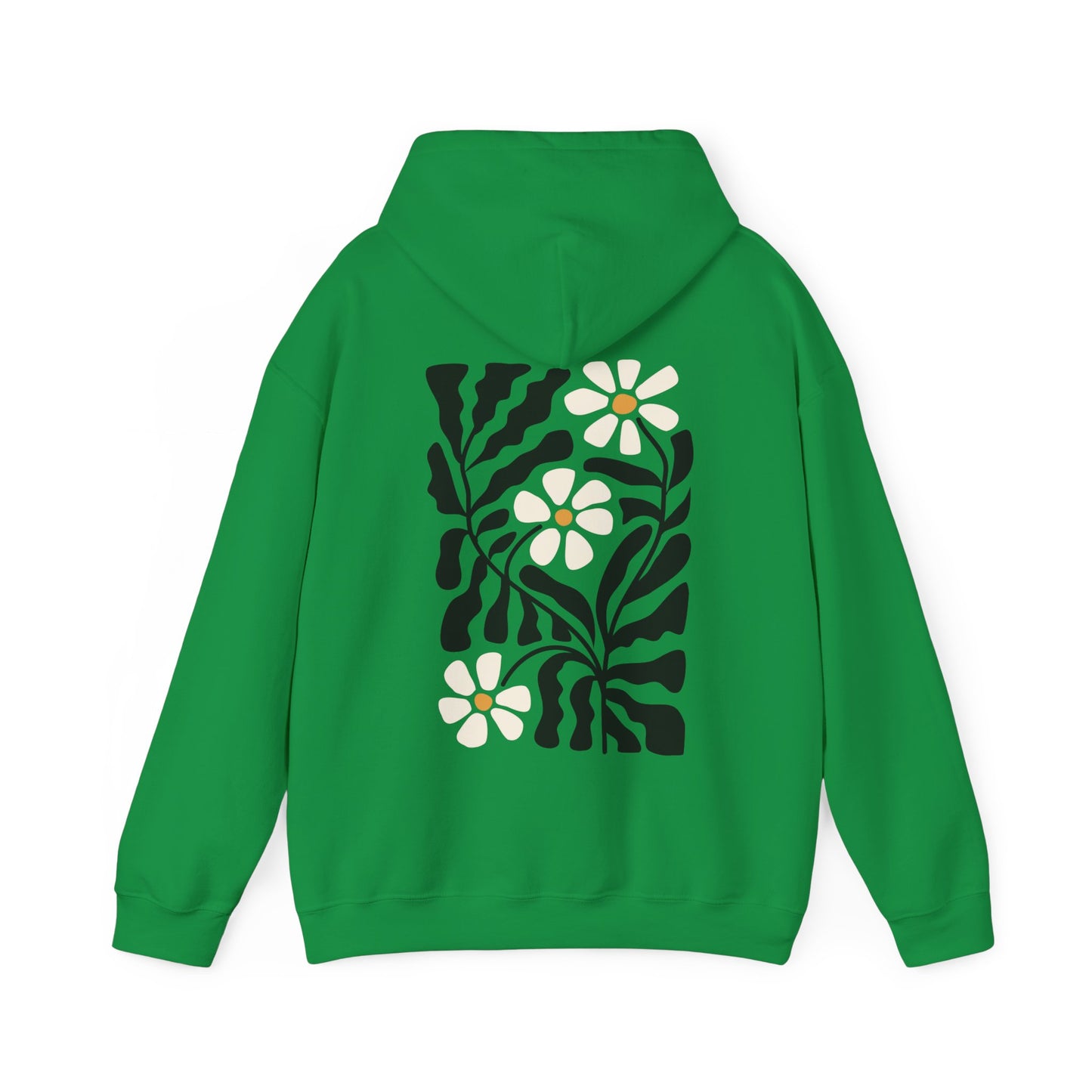 Irish Green boho floral hoodie with design of groovy flowers on the back