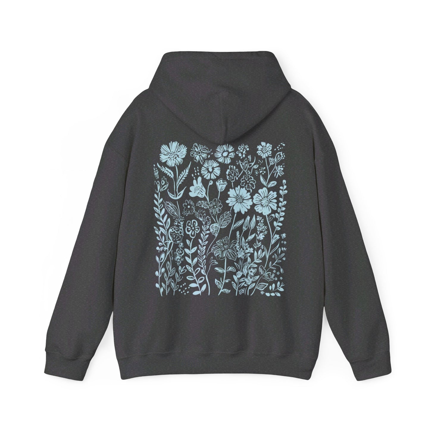 Dark Heather Gray Hoodie with light blue wildflower design on the back, granola girl aesthetic