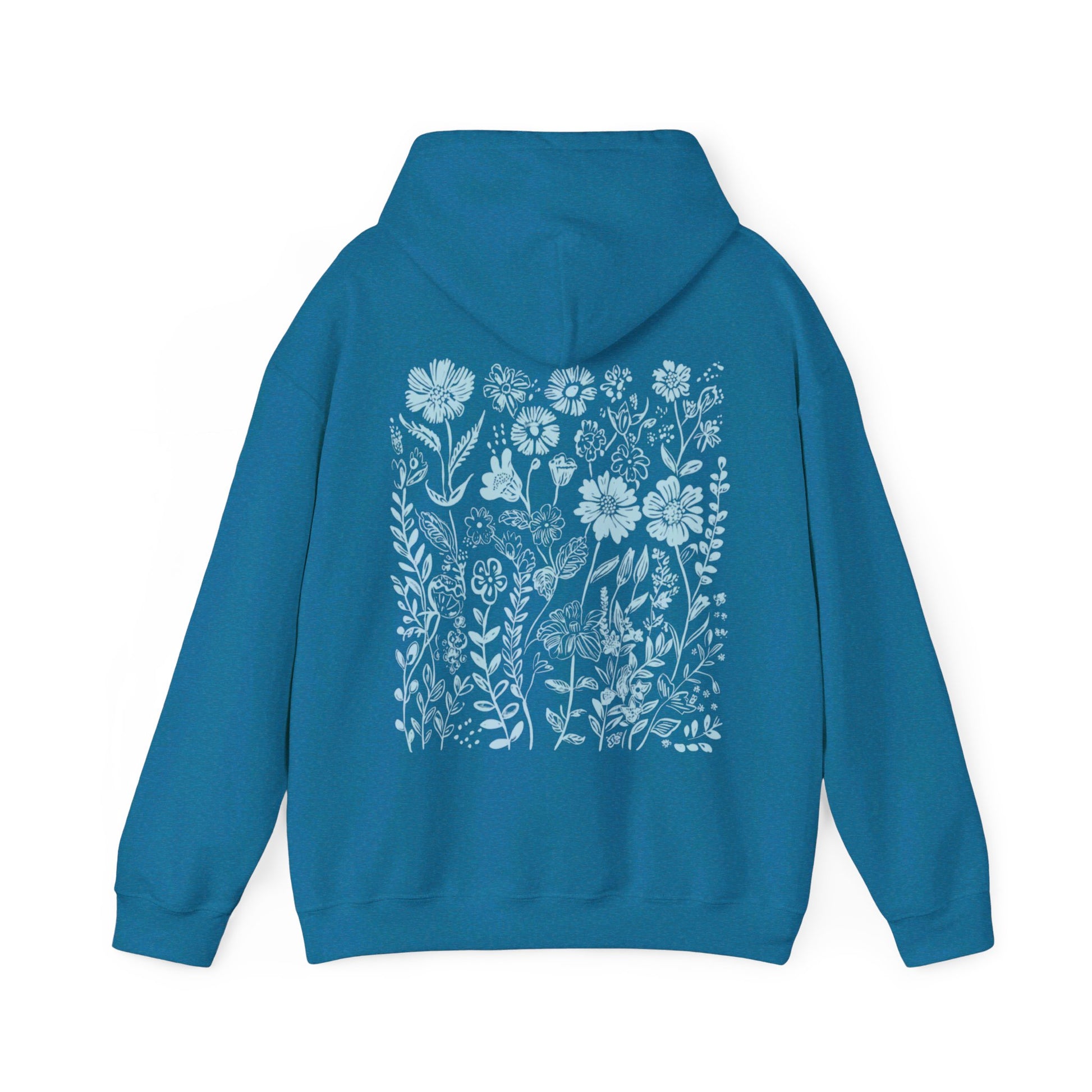 Antique Sapphire Hoodie with light blue wildflower design on the back, granola girl aesthetic