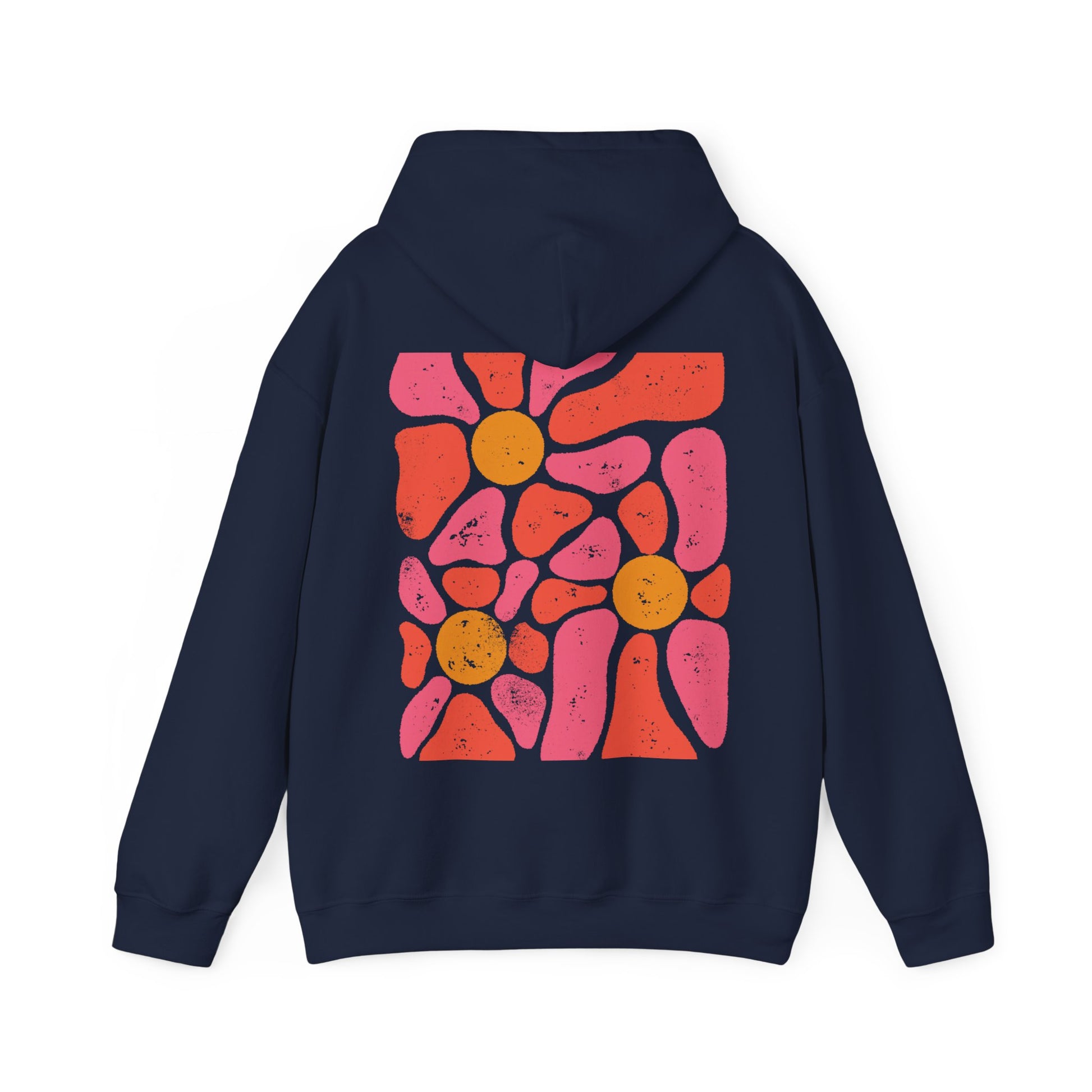 navy blue hoodie floral hoodie, boho hoodie with retro abstract flower design on the back of the hoodie