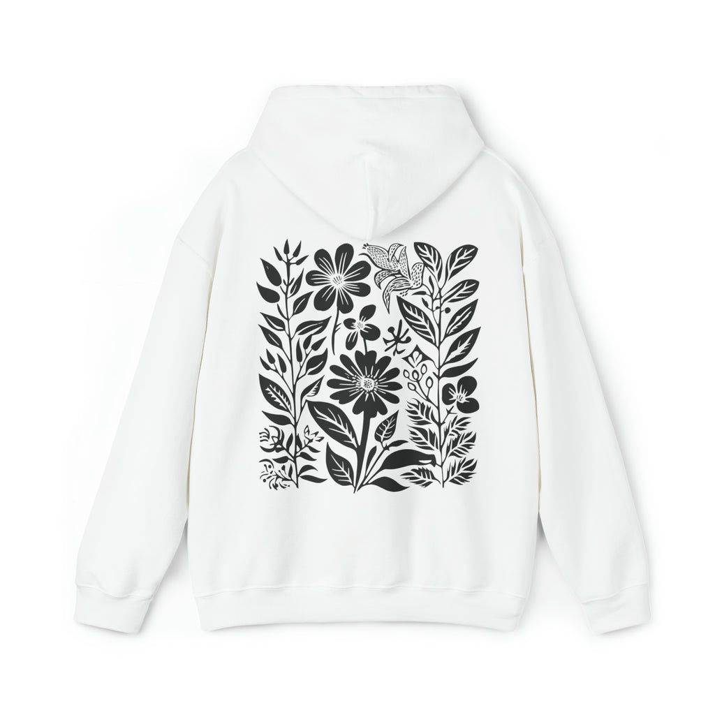 white  floral hoodie with black wildflower design on the back.