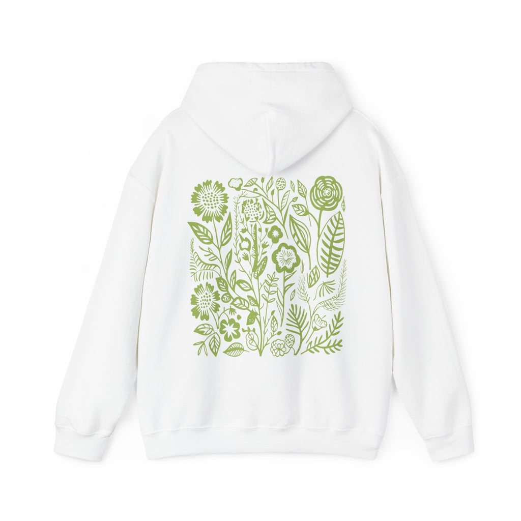 white  flower hoodie with green wildflower design on back of hoodie