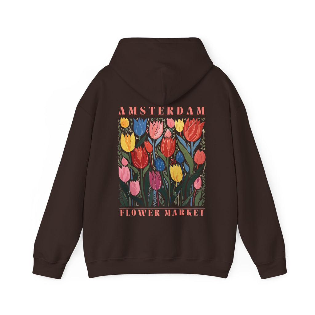brown  floral hoodie with Amsterdam flower market graphic on back of hoodie