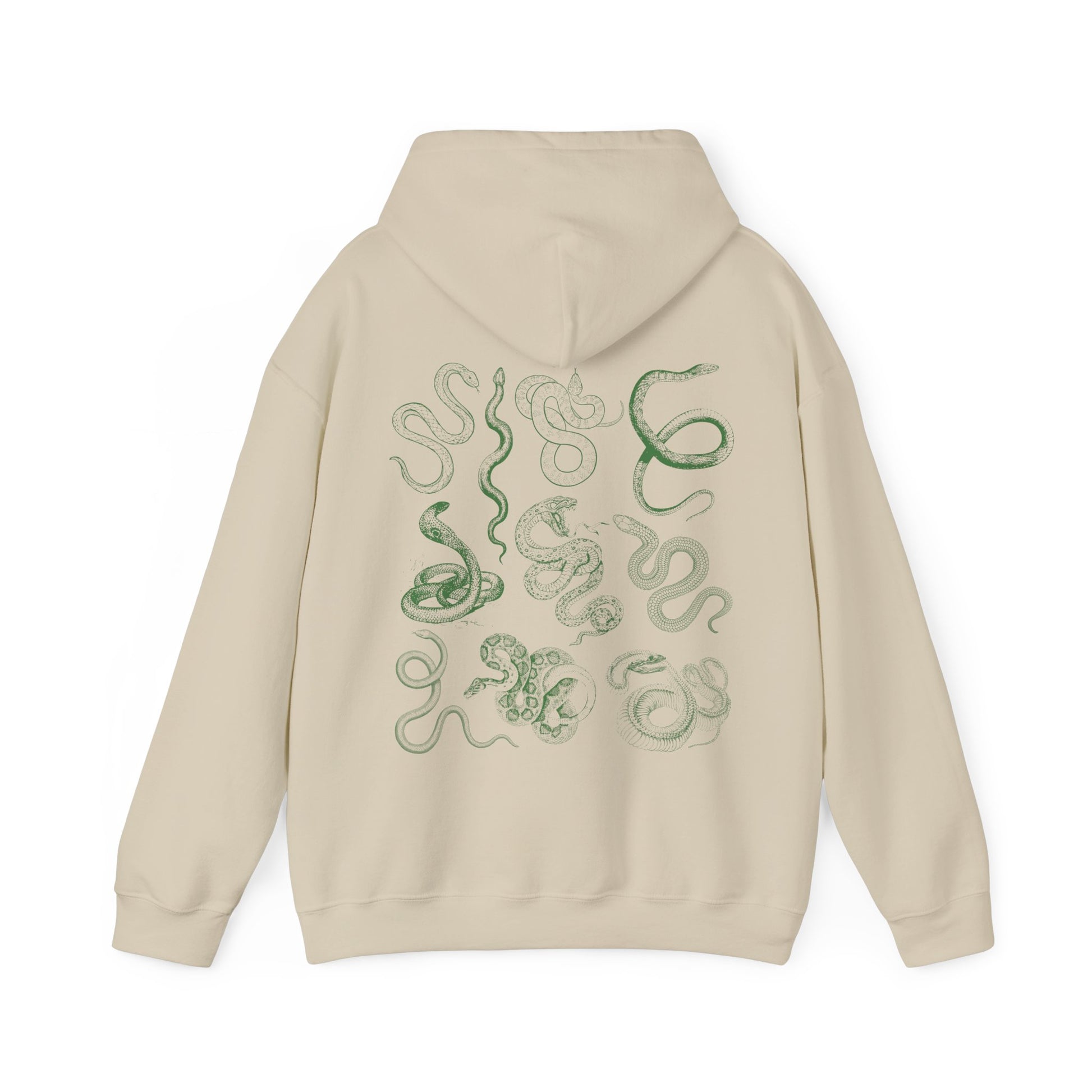 Sand snake hoodie with green snake print on back of hoodie