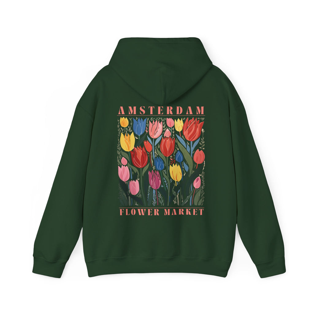 forest green  floral hoodie with Amsterdam flower market graphic on back of hoodie