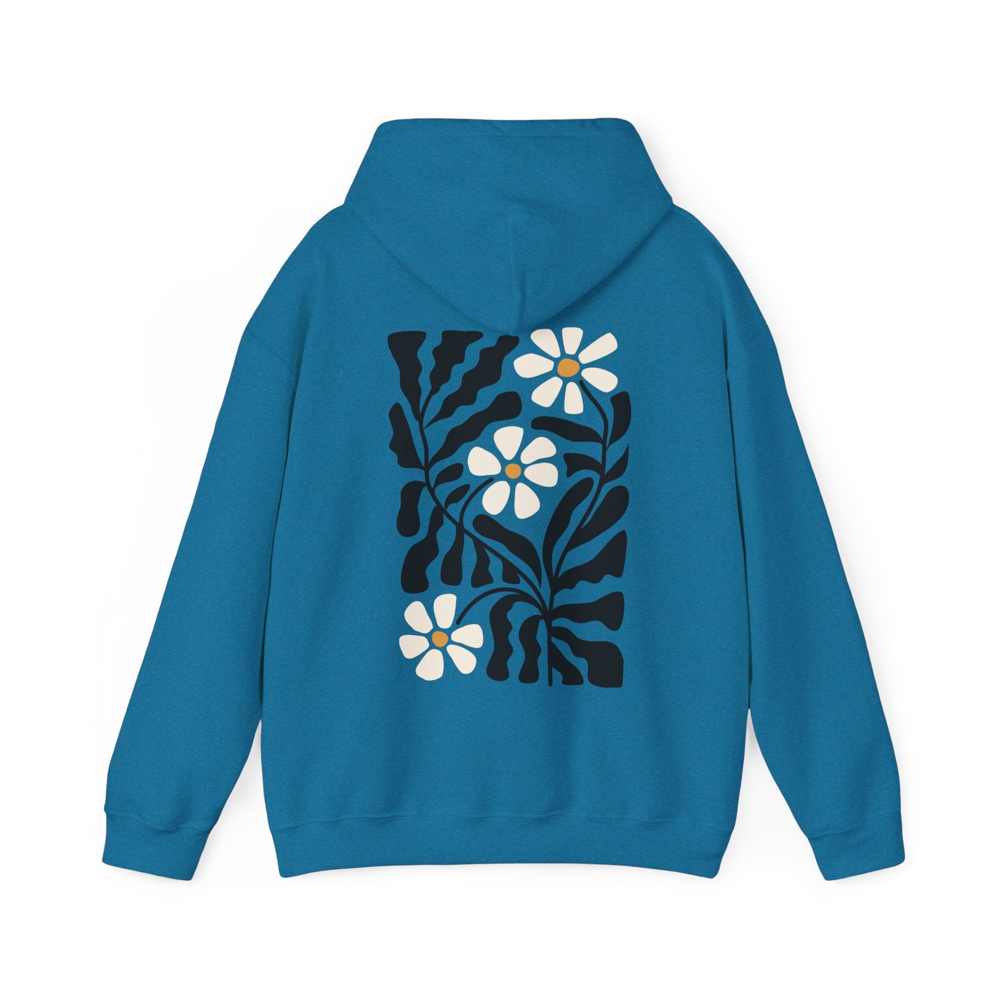 Teal boho floral hoodie with design of groovy flowers on the back