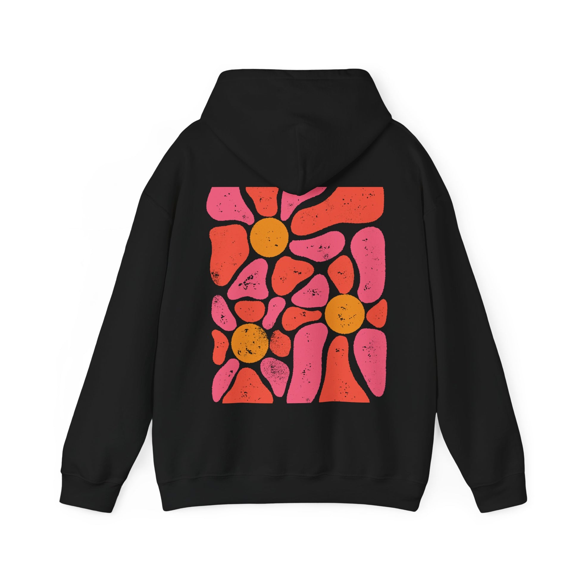 black hoodie floral hoodie, boho hoodie with retro abstract flower design on the back of the hoodie