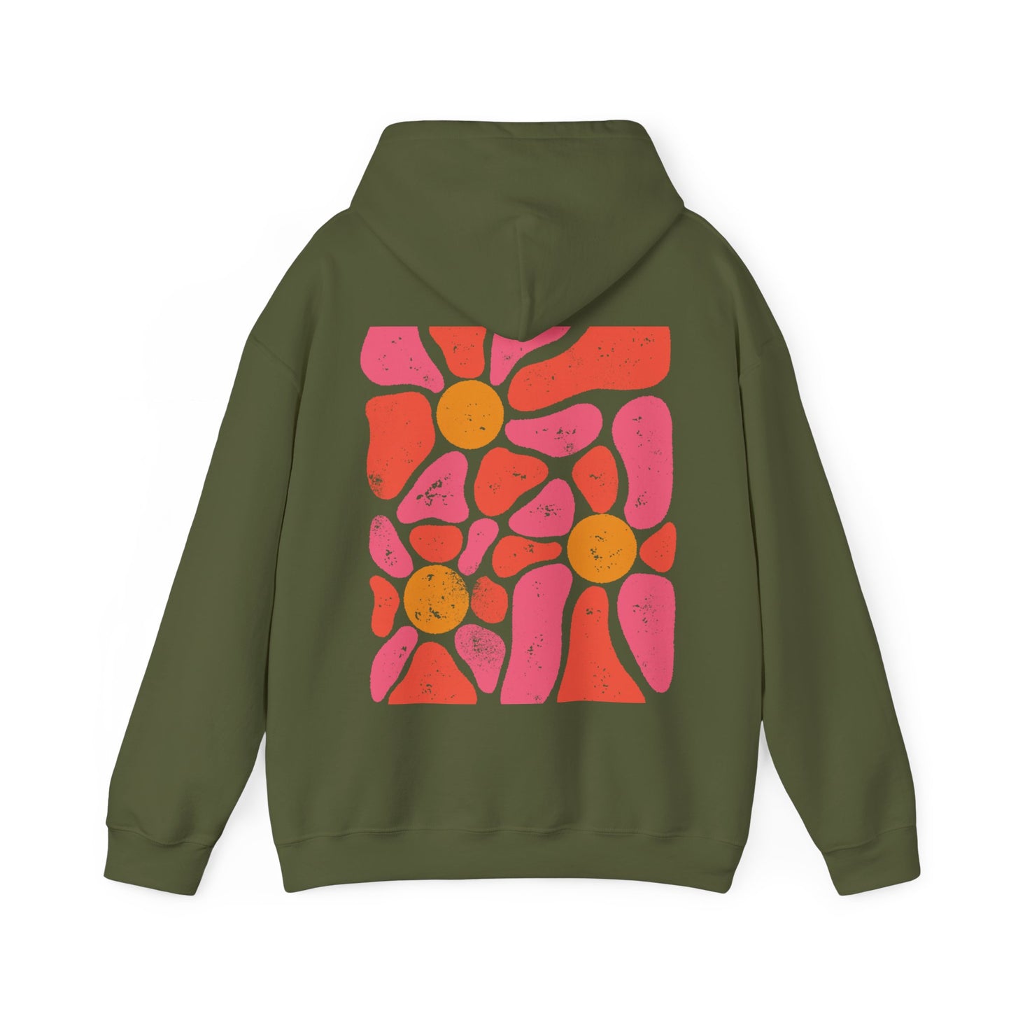 military green hoodie floral hoodie, boho hoodie with retro abstract flower design on the back of the hoodie