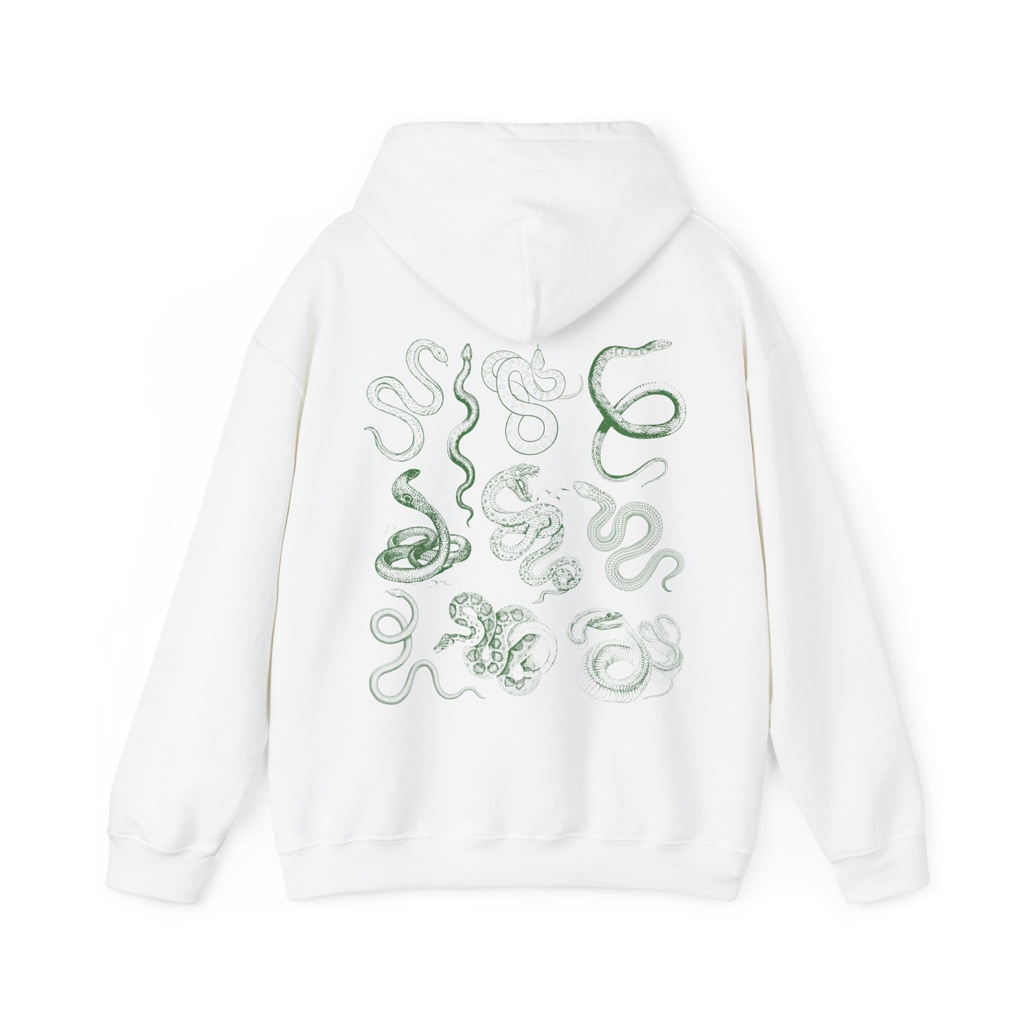 white snake hoodie with green snake print on back of hoodie