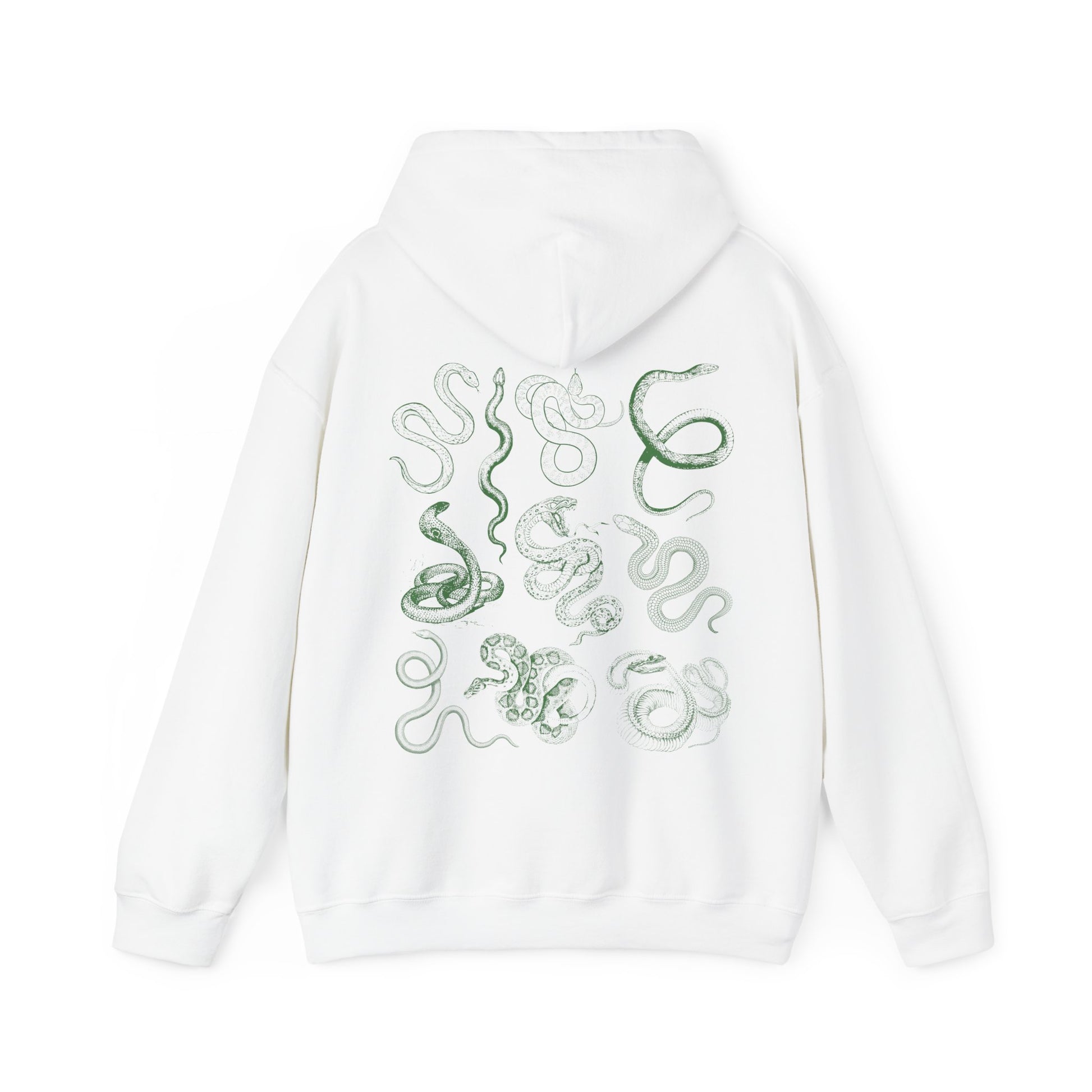 white snake hoodie with green snake print on back of hoodie