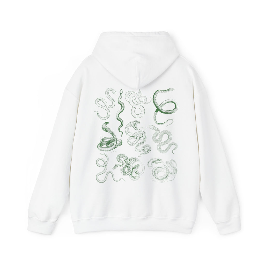 white snake hoodie with green snake print on back of hoodie