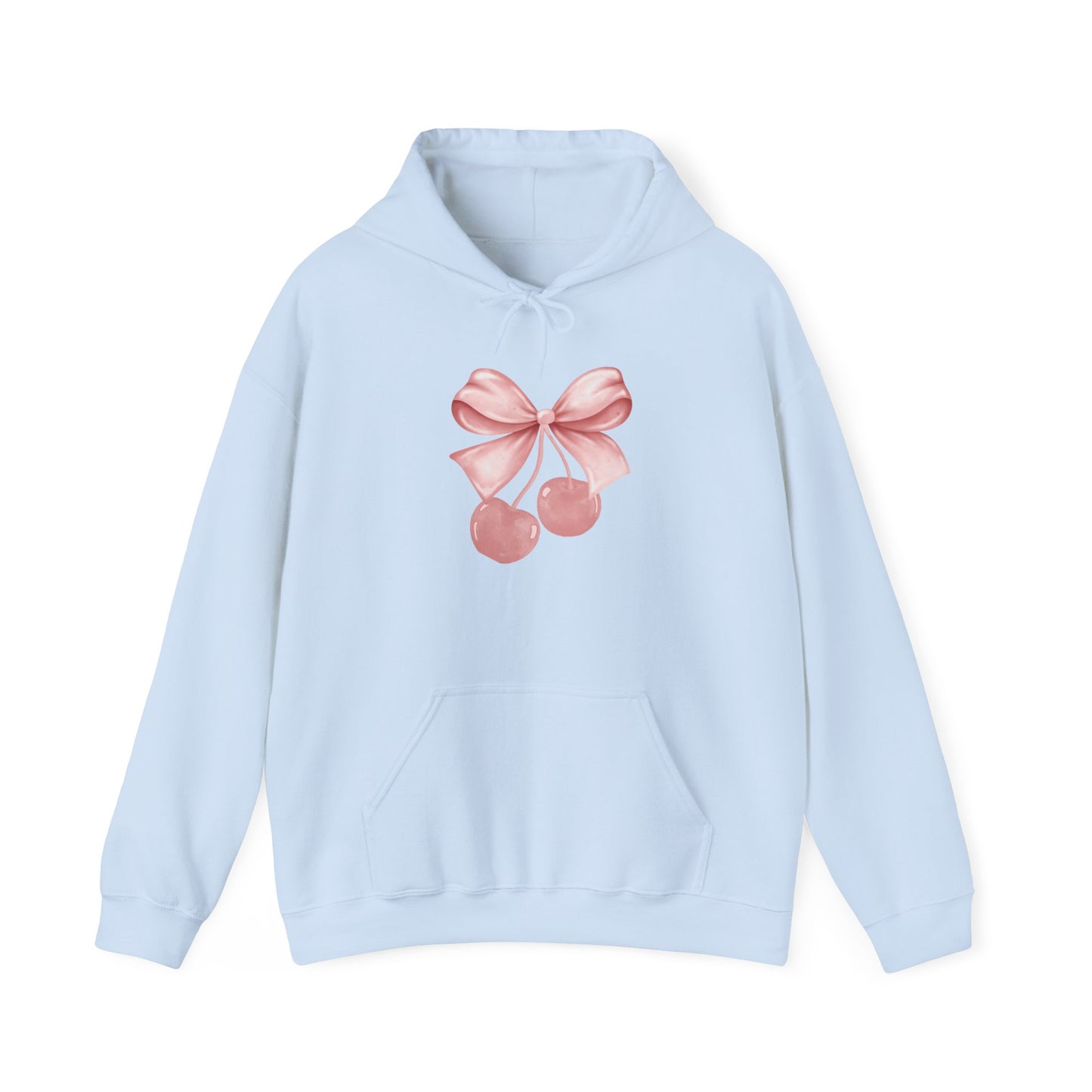 light blue bow hoodie with cherry ribbon design on front of hoodie