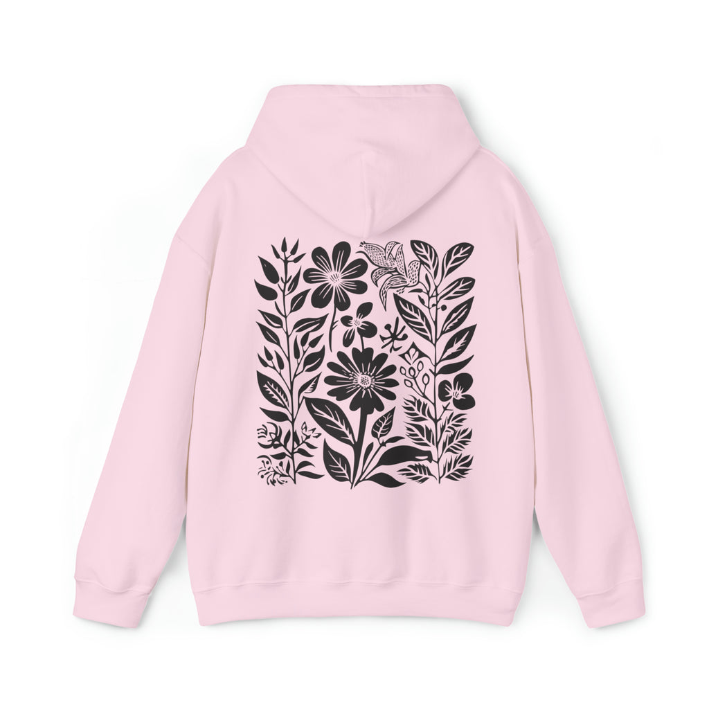 light pink  floral hoodie with black wildflower design on the back.