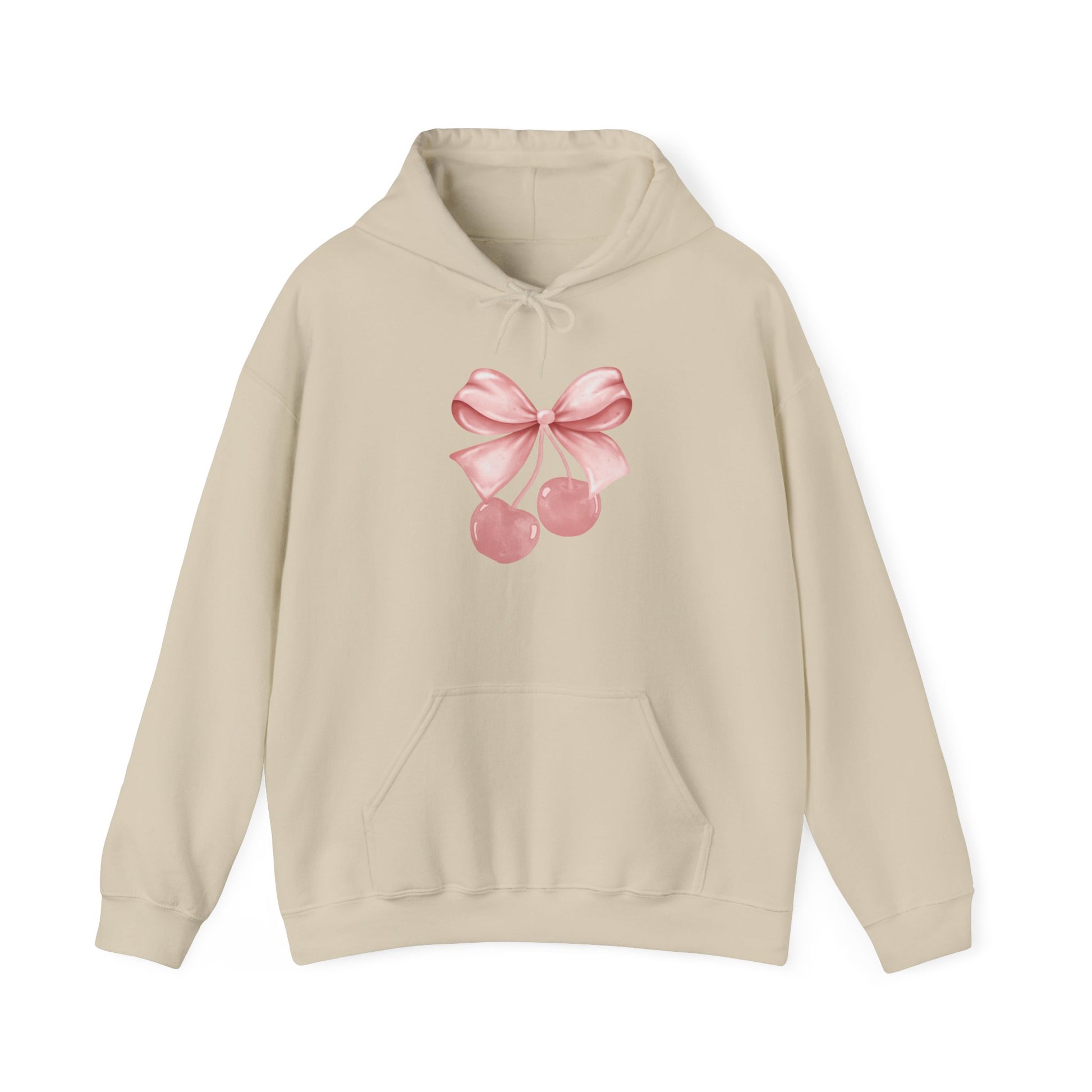 Sand beige bow hoodie with cherry ribbon design on front of hoodie