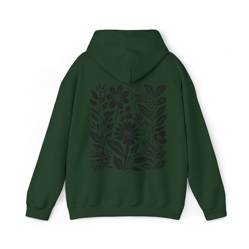 forest green  floral hoodie with black wildflower design on the back.