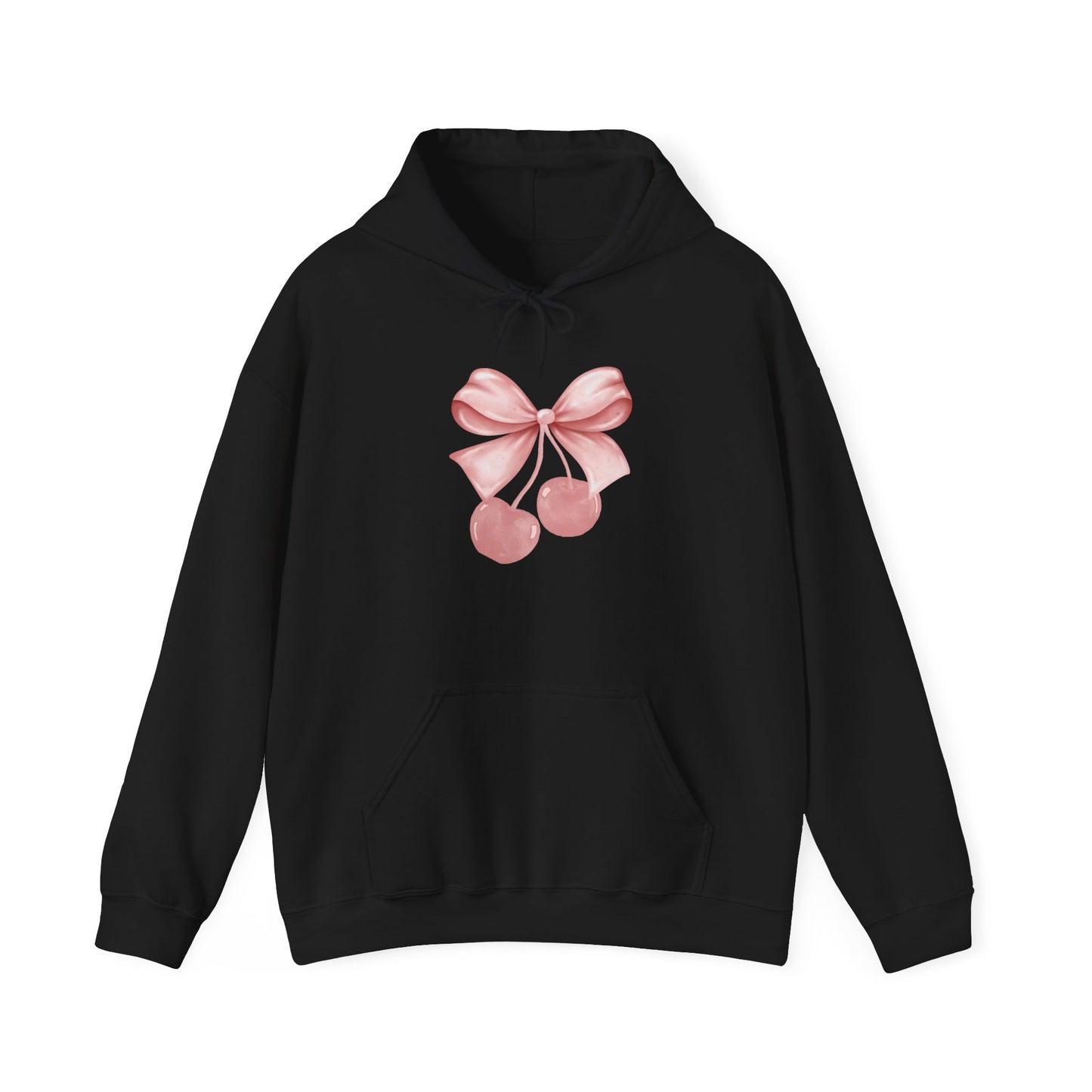 black bow hoodie with cherry ribbon design on front of hoodie