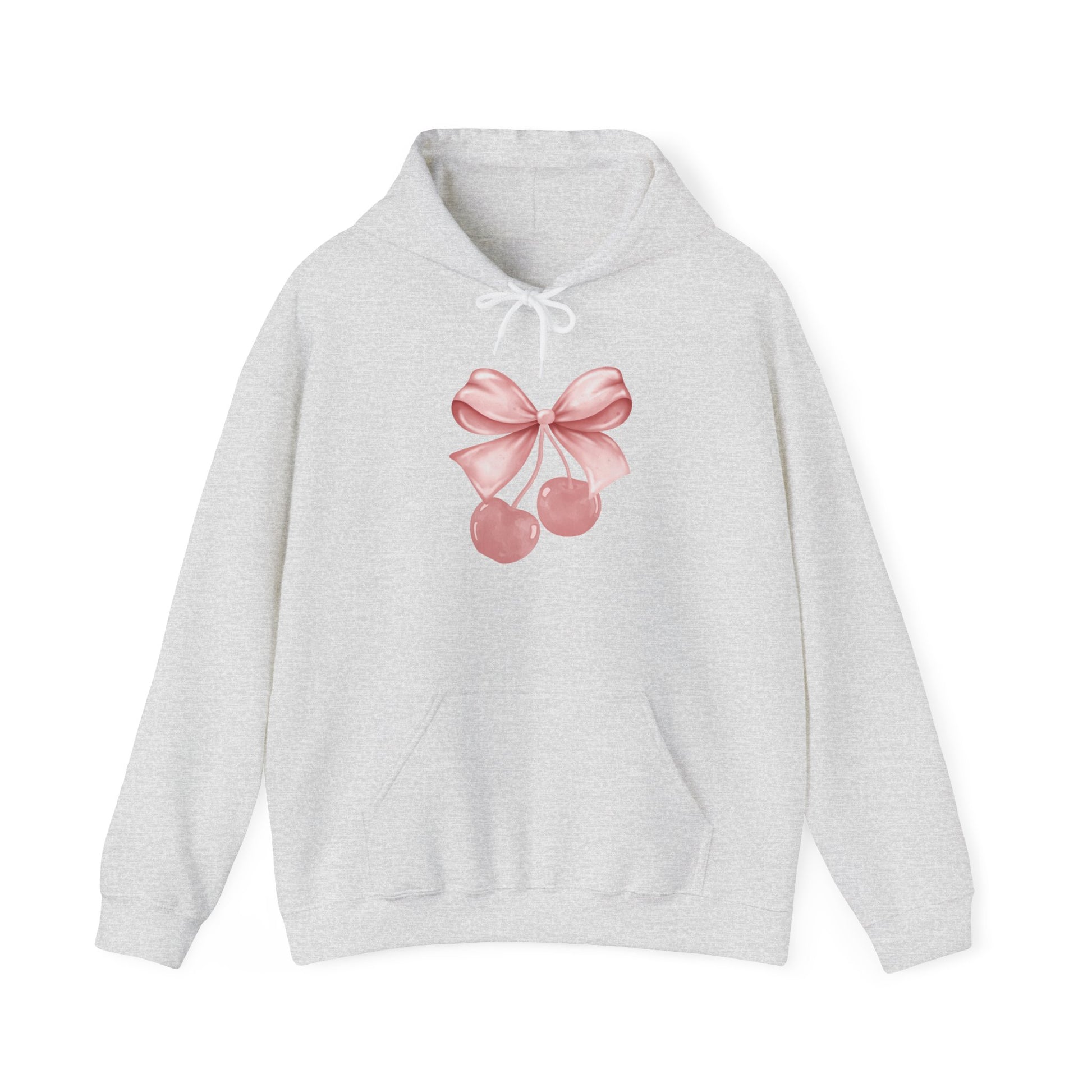 light ash gray bow hoodie with cherry ribbon design on front of hoodie