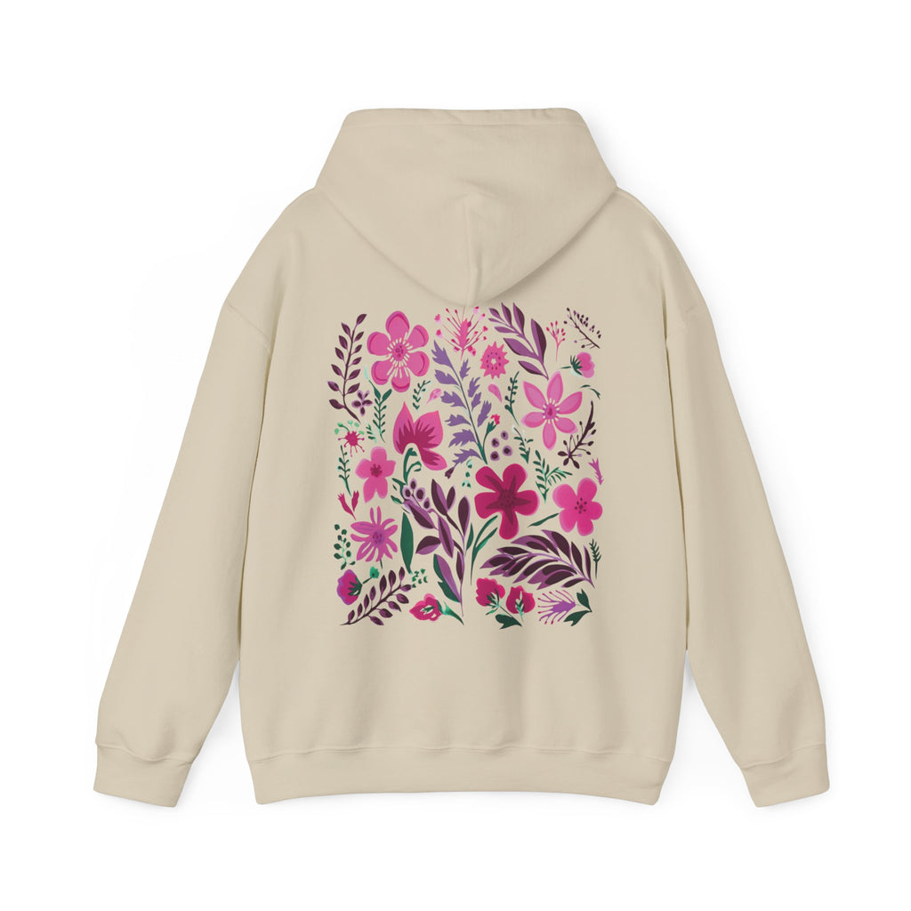 Sand beige flower hoodie with beautiful pink floral design on back