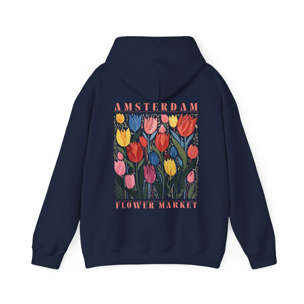navy blue  floral hoodie with Amsterdam flower market graphic on back of hoodie