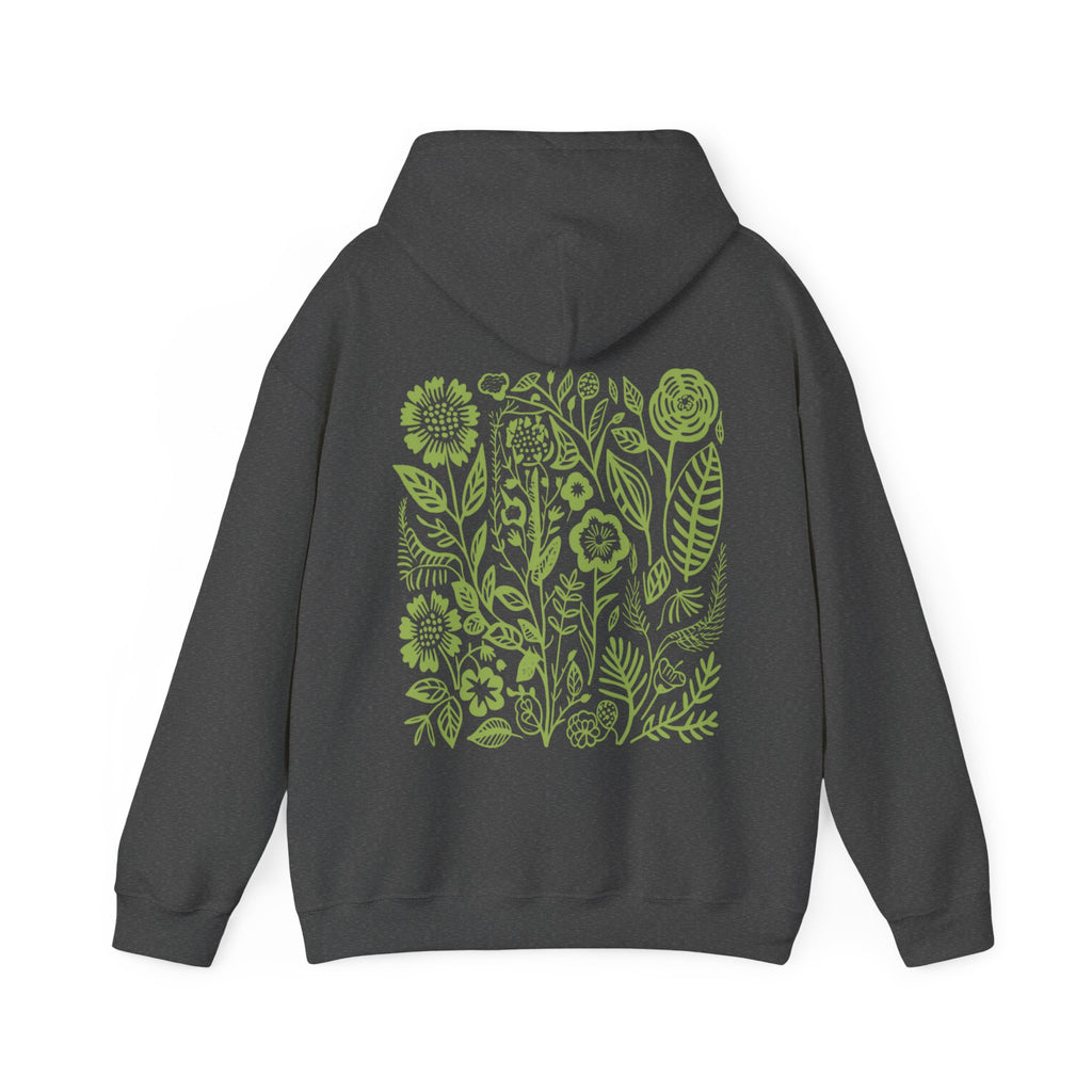 dark heather gray  flower hoodie with green wildflower design on back of hoodie