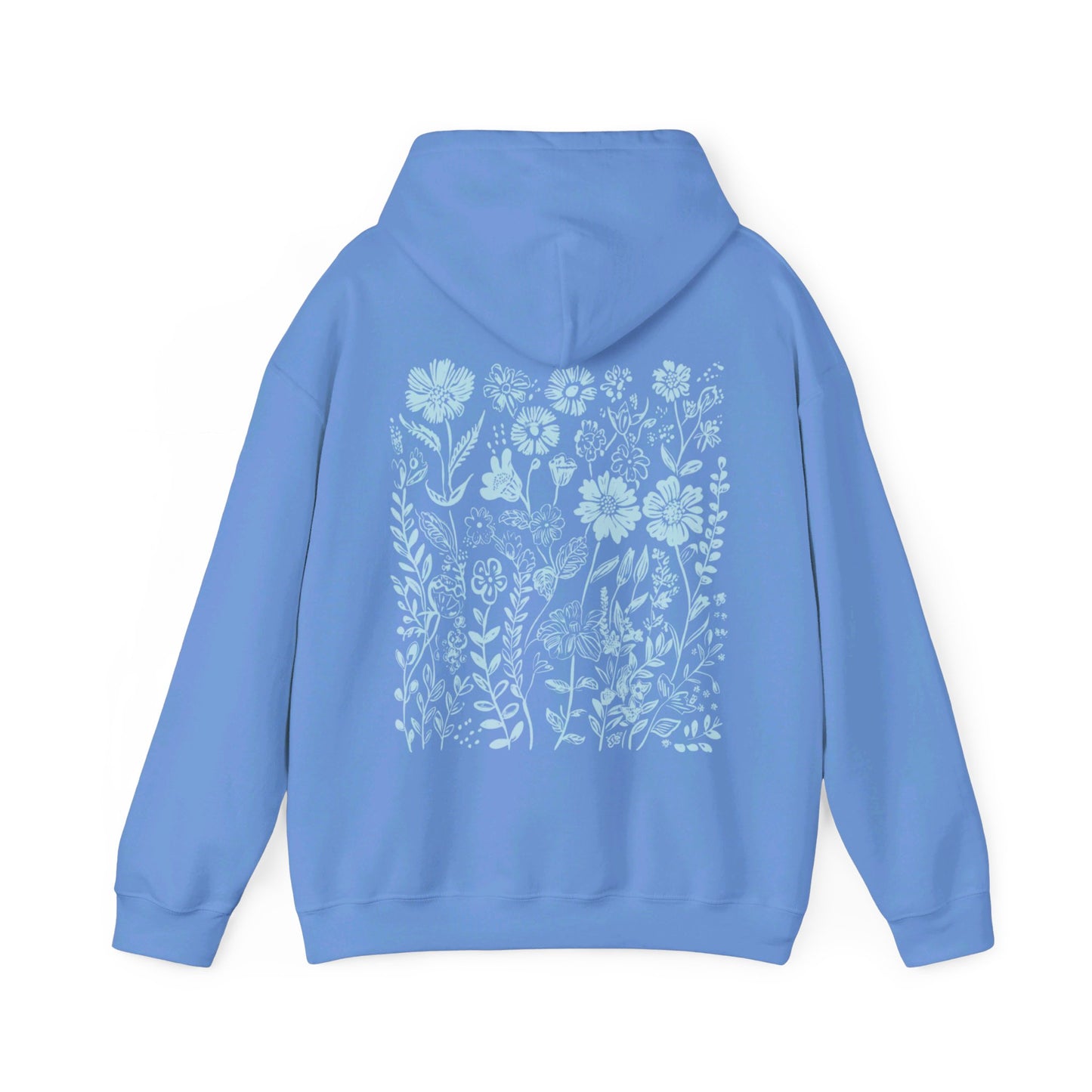 Carolina Blue Hoodie with light blue wildflower design on the back, granola girl aesthetic