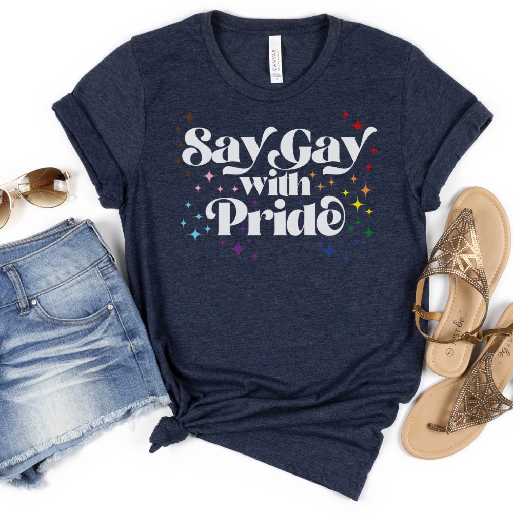 Heather navy unisex say gay shirt