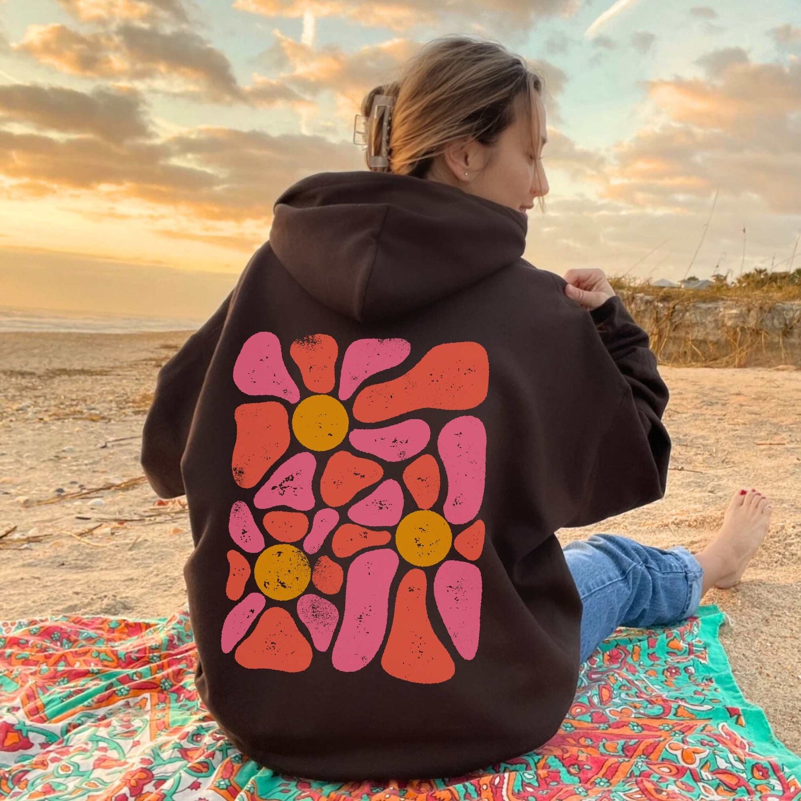 brown hoodie, floral hoodie, boho hoodie with retro abstract flower design on the back of the hoodie