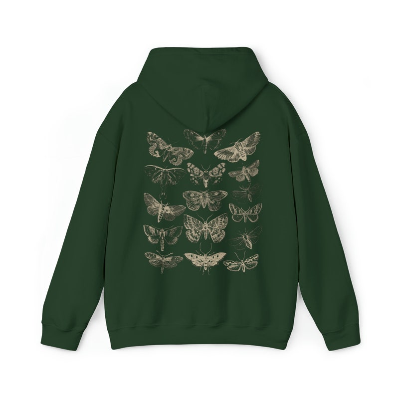 forest green Moth Hoodie with tan colored moths on the back of the hoodie