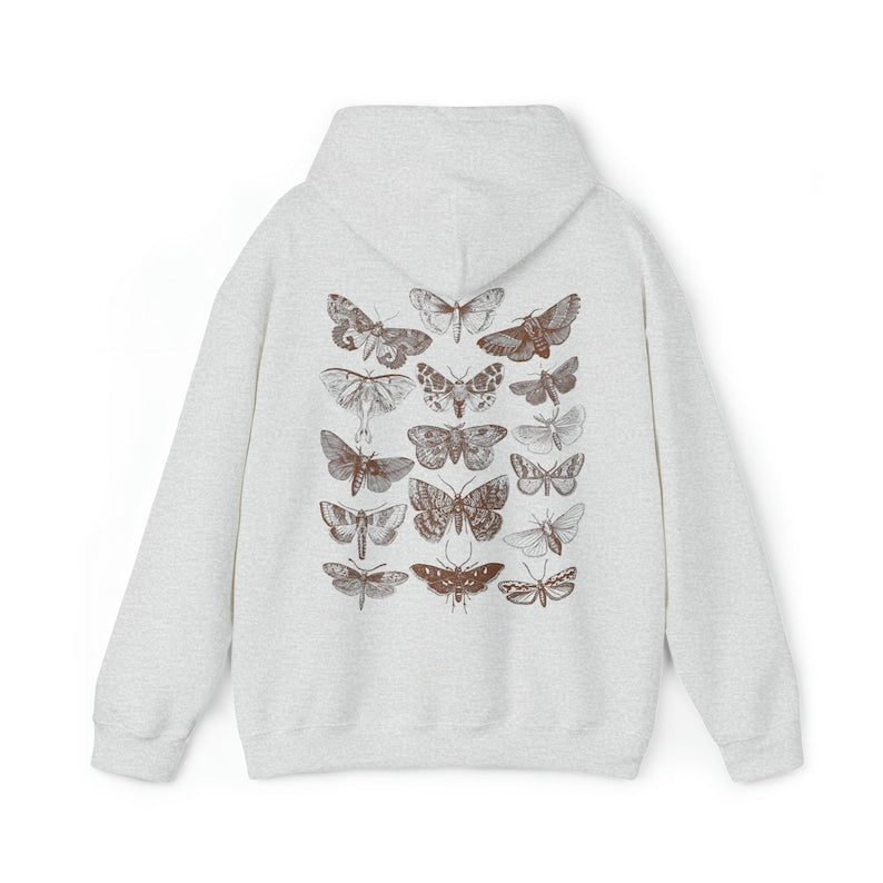 ash Moth Hoodie with tan colored moths on the back of the hoodie