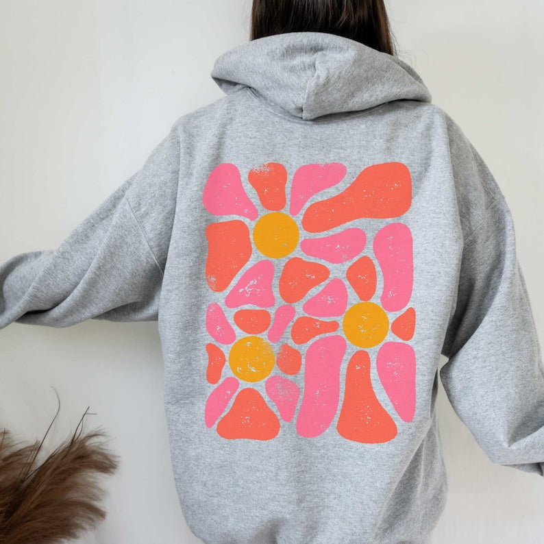 sports gray hoodie floral hoodie, boho hoodie with retro abstract flower design on the back of the hoodie