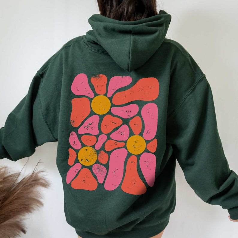 forest green hoodie, floral hoodie, boho hoodie with retro abstract flower design on the back of the hoodie