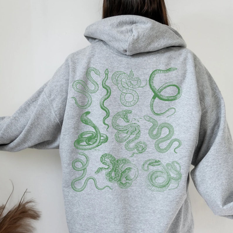 sport gray snake hoodie with green snake print on back of hoodie