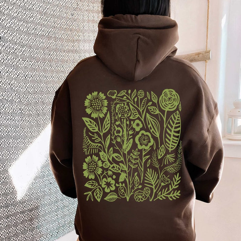 brown  hoodie women flower hoodie with green wildflower design on back of hoodie