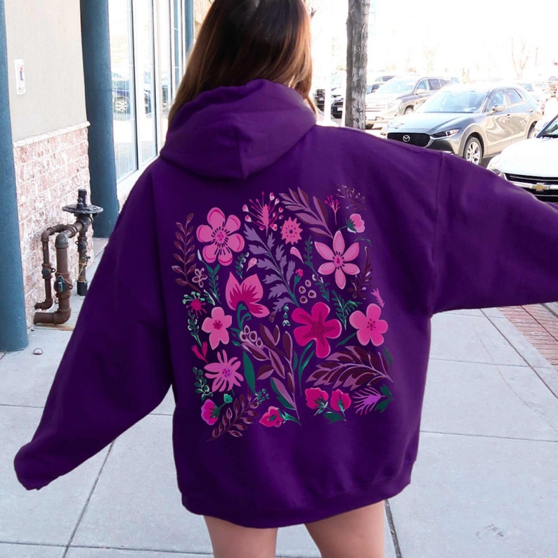 purple flower hoodie with beautiful pink floral design on back
