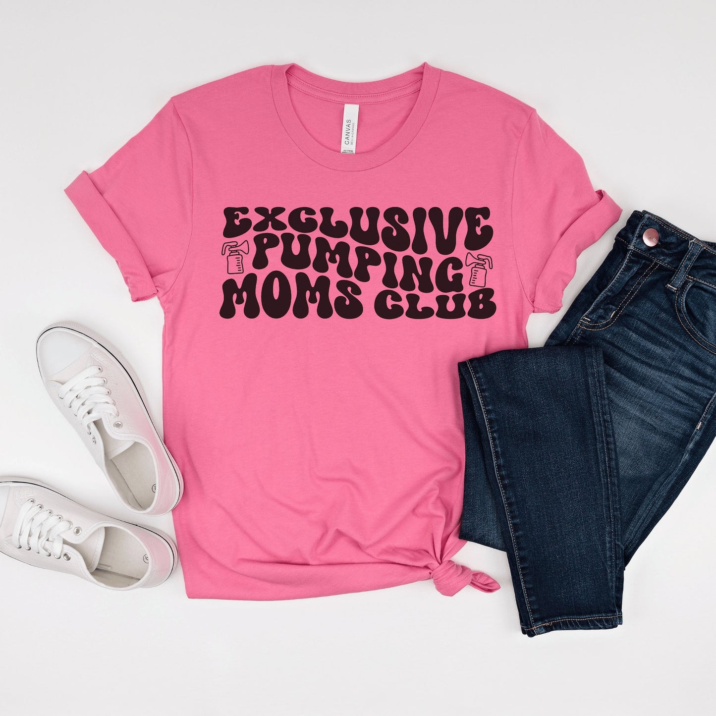 hot pink unisex funny breastfeeding shirts that says exclusive pumping moms club in retro styled black letters