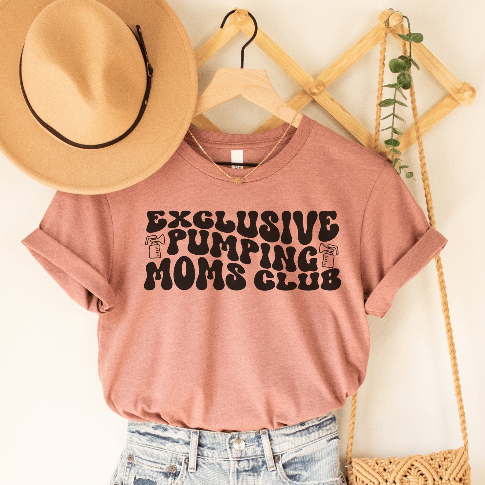 heather mauve unisex funny breastfeeding shirts that says exclusive pumping moms club in retro styled black letters