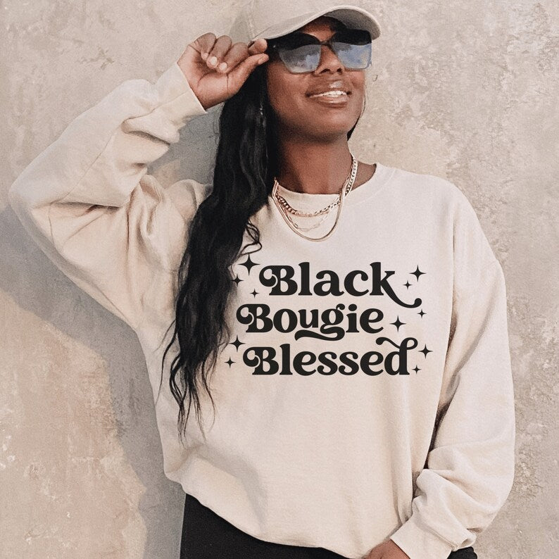 beige unisex black bougie blessed sweatshirt on black female model