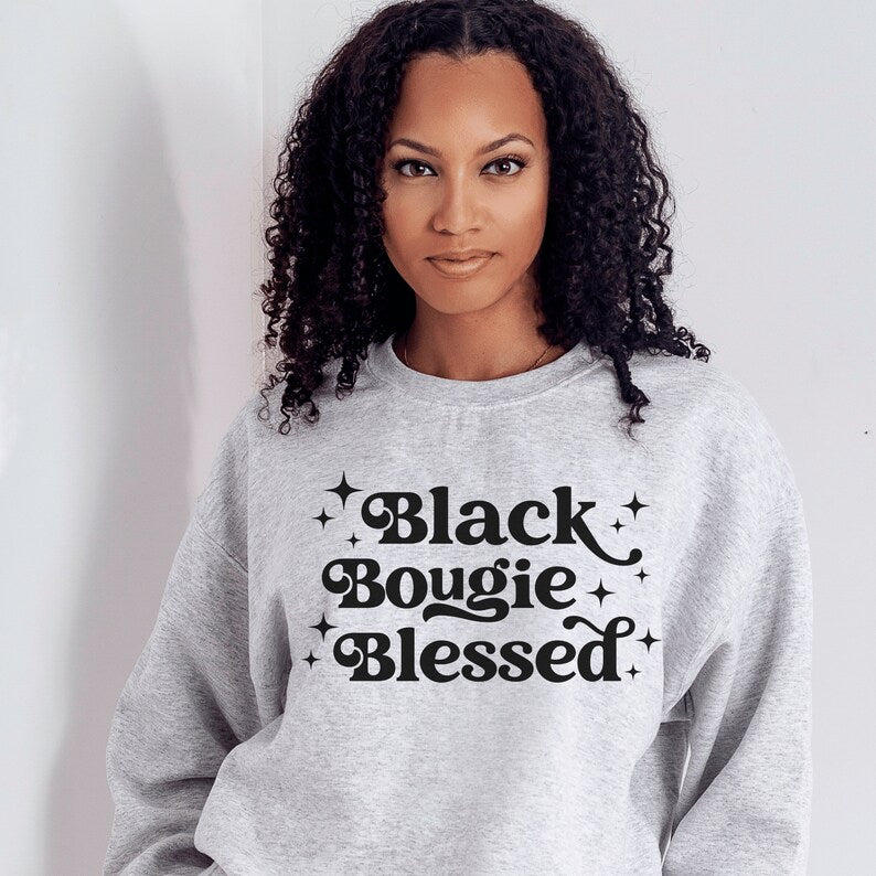 light gray unisex black bougie blessed sweatshirt on black female model