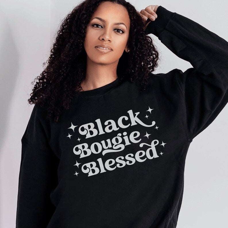 black unisex black bougie blessed sweatshirt on black female model