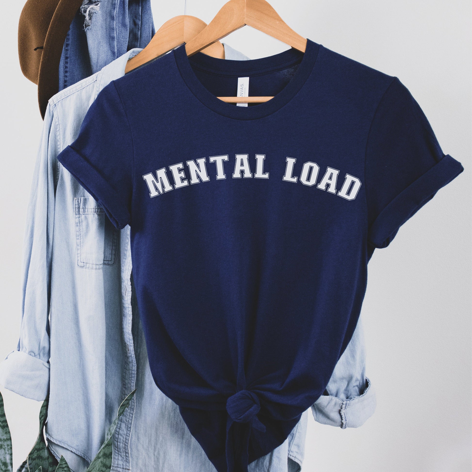 navy blue unisex overstimulated mom shirt that says mental load