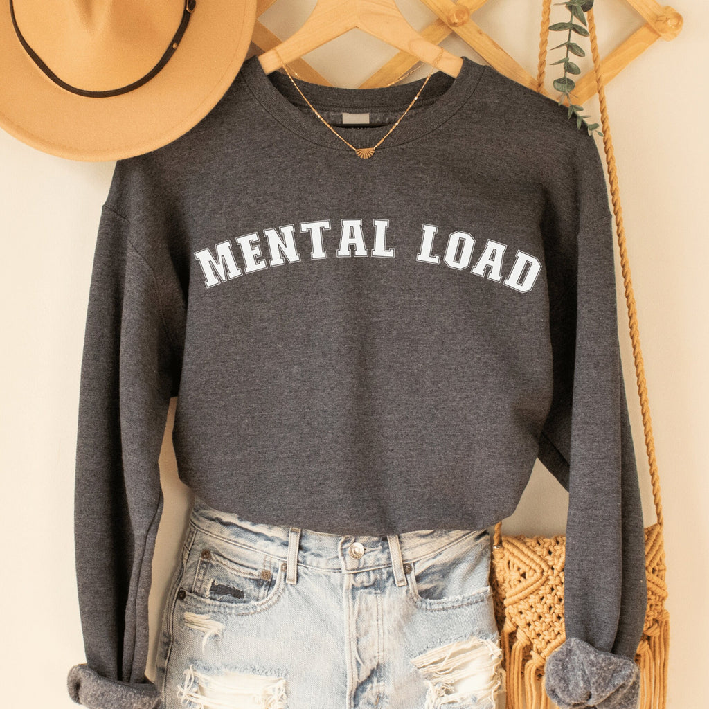 dark heather gray unisex overstimulated mom sweatshirt that says mental load