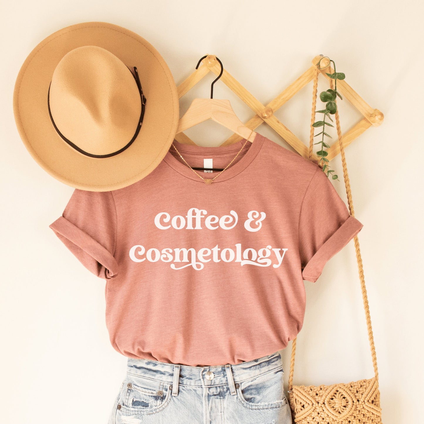 heather mauve unisex t-shirt and cosmetology gift ideas that says coffee and cosmetology across the front in stylish font