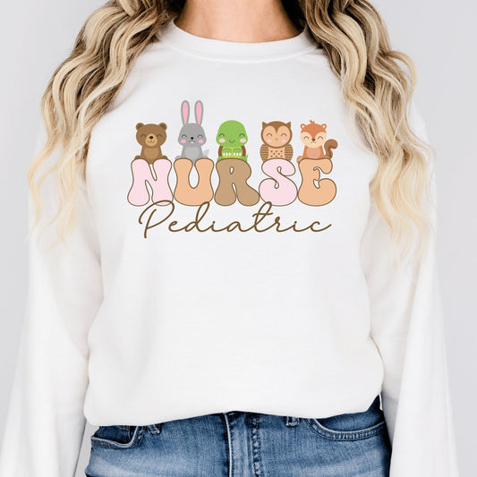 white unisex pediatric nurse sweatshirt with nurse in retro capital, multicolored letters, with baby animals above each letter, and with the word pediatric underneath nurse in brown script