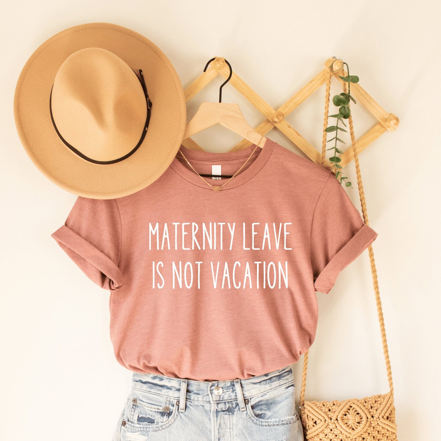 heather mauve unisex gifts for nursing moms tshirt that says maternity leave is not vacation