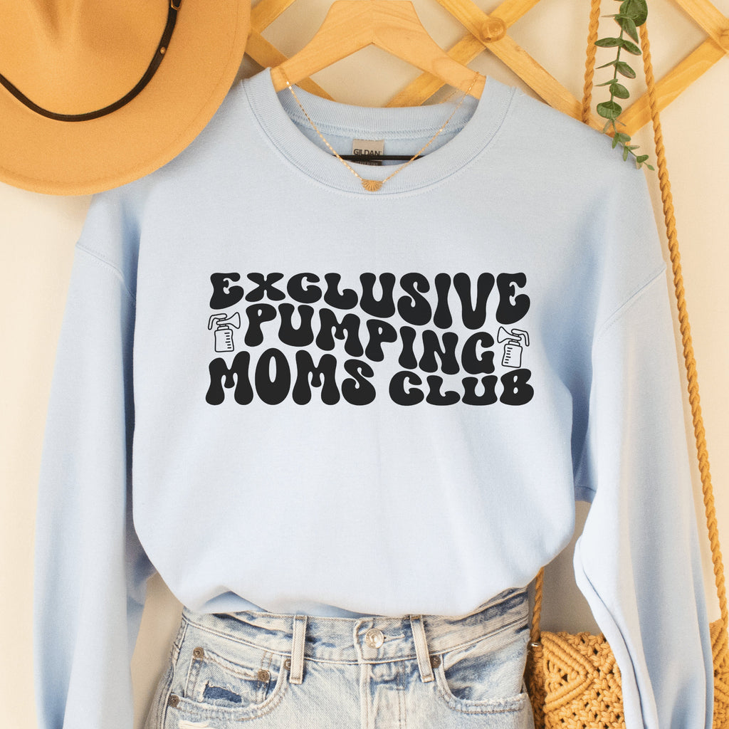 light blue unisex breastfeeding sweatshirt that says exclusive pumping moms club in retro styled black lettering with two pump graphics
