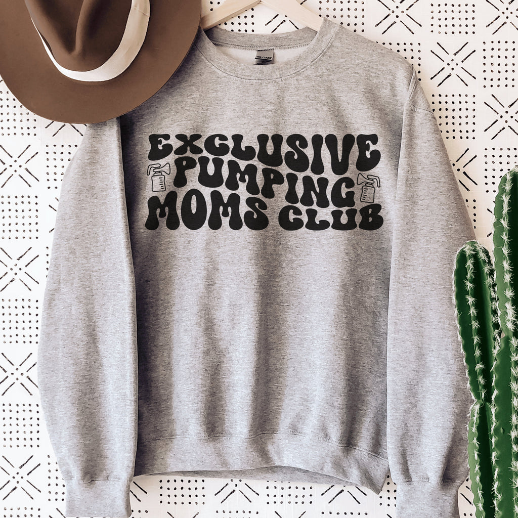 gray unisex breastfeeding sweatshirt that says exclusive pumping moms club in retro styled black lettering with two pump graphics