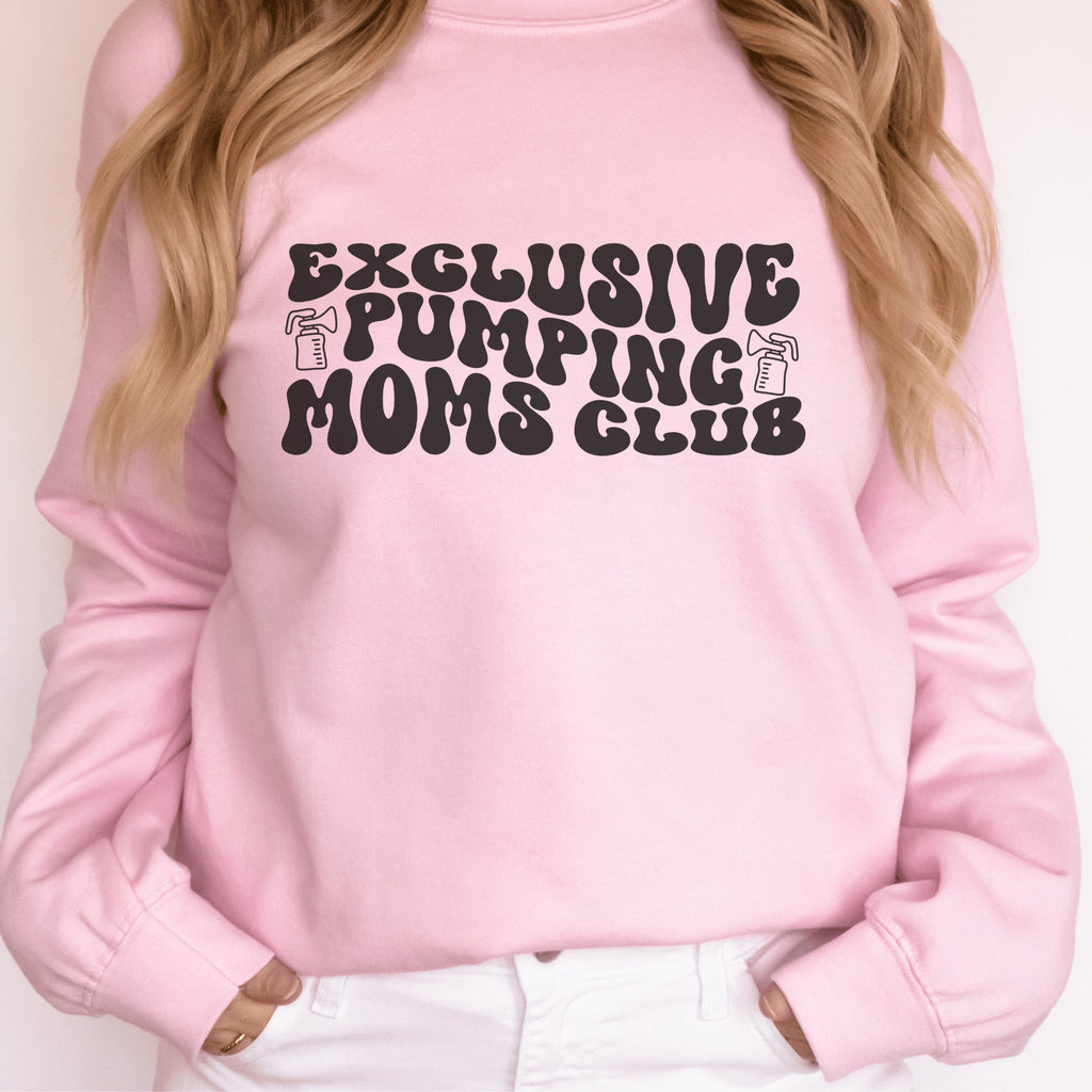 pink unisex breastfeeding sweatshirt that says exclusive pumping moms club in retro styled black lettering with two pump graphics